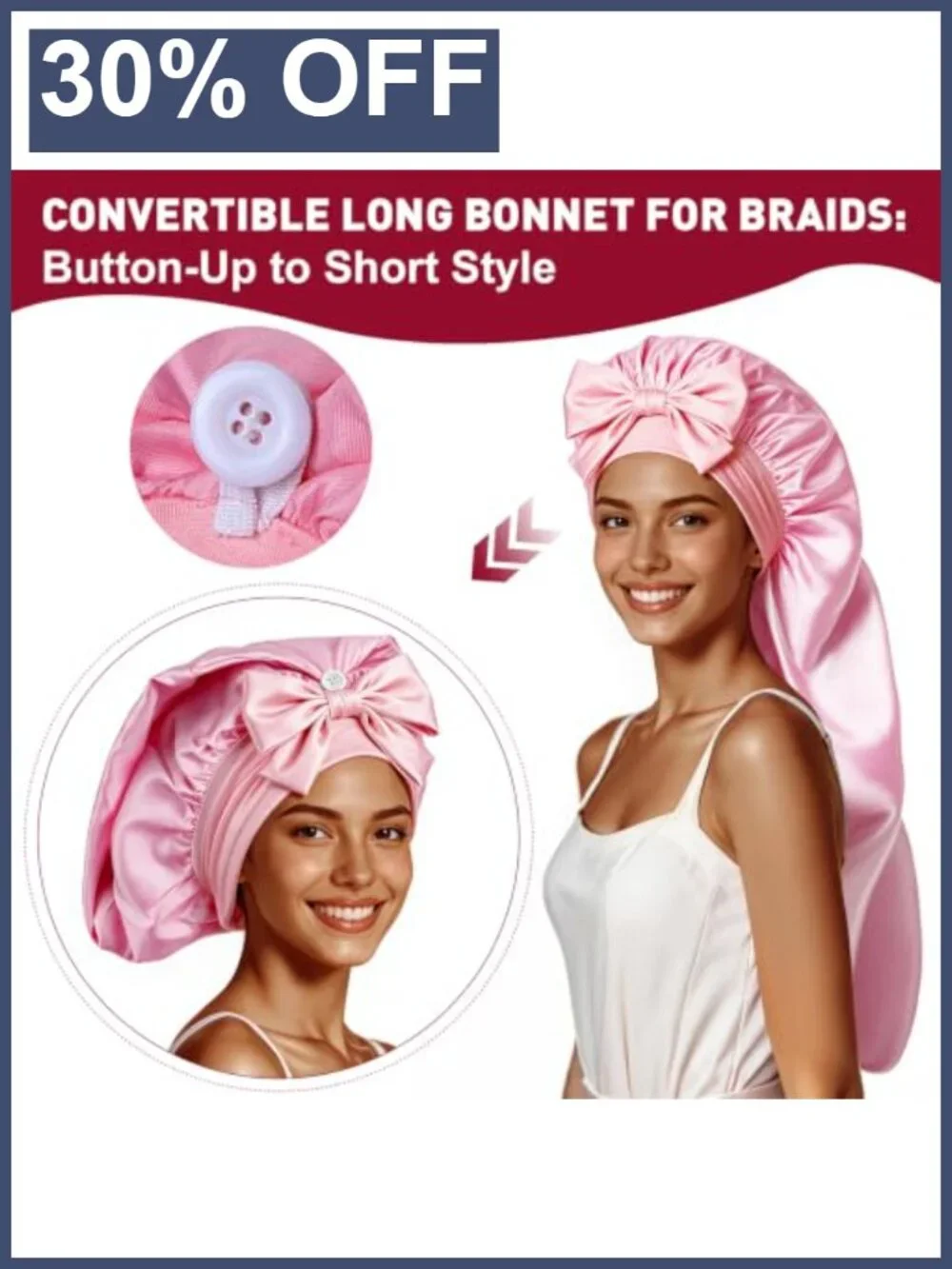 2 Pack Satin Bonnets for Sleeping Long Hair Braids Adjustable